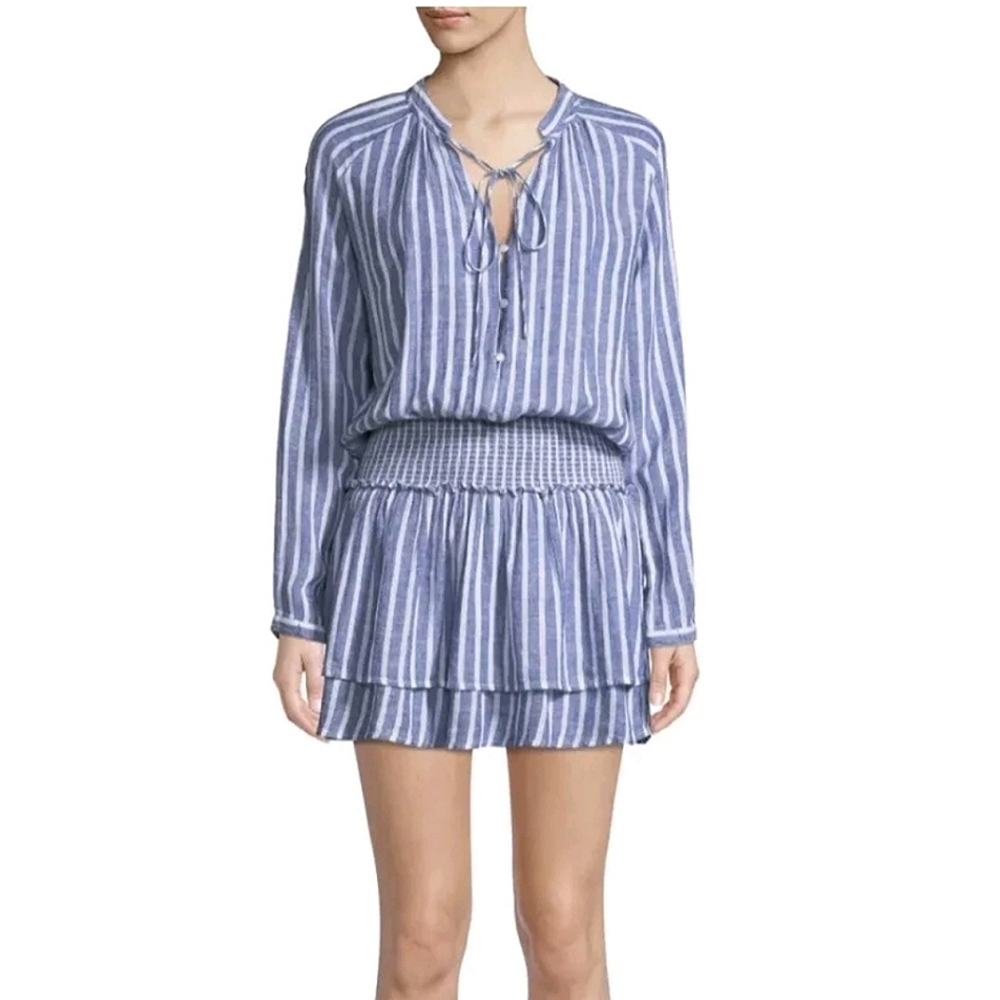 Rails Size S Jasmine Mini Dress Tie-Neck Smocked-Waist Azure Striped Lin…